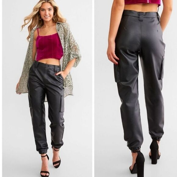 Kancan High Rise Faux Leather Cargo Joggers Size 30 - Picture 1 of 15